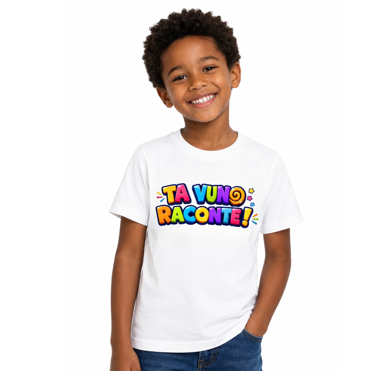 T-Shirt enfants mixte blanc TA VUNO RACONTE! – VERSION LOGO écris